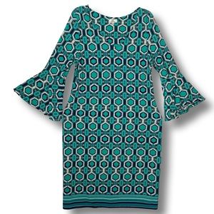 ‘OLIVIA MATTHEWS’ TEAL PATTERN DRESS w/ BELL SLEEVES!!